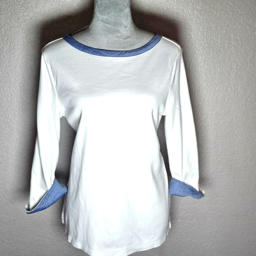 Nautica Women's 3/4 Cuffed Sleeve White Chambray Casual Top Size Large - Picture 3 of 8